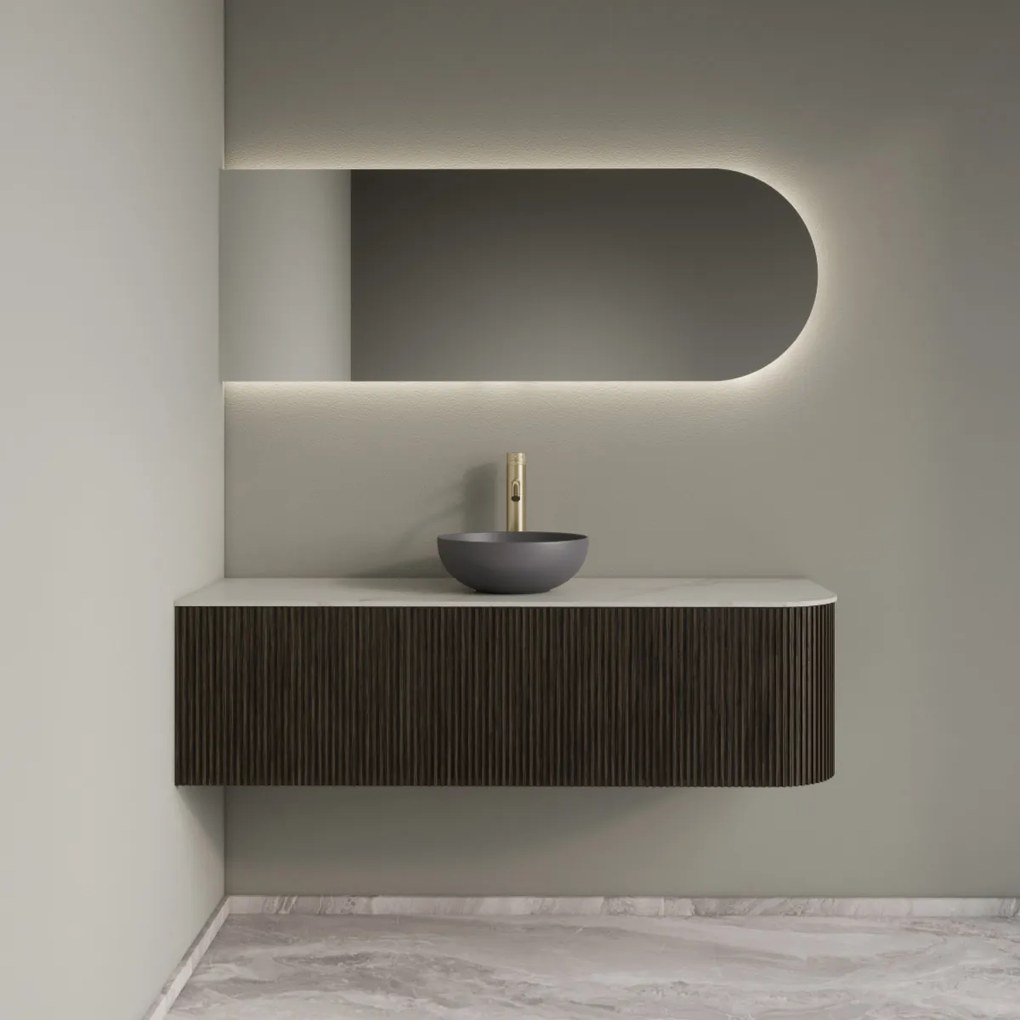 Gliss Design Alluro badmeubel ribbelfront met ronding rechts 140cm charcoal en wit marmer toppaneel