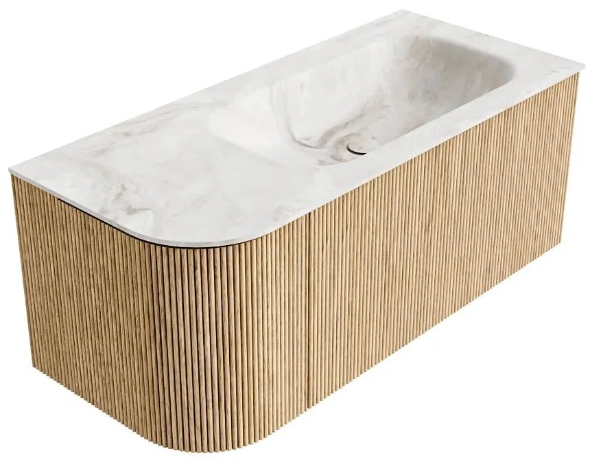 Mondiaz Kurve-dlux 105cm badmeubel ronding links oak met 1 lade en deur en wastafel big small kraangat rechts frappe