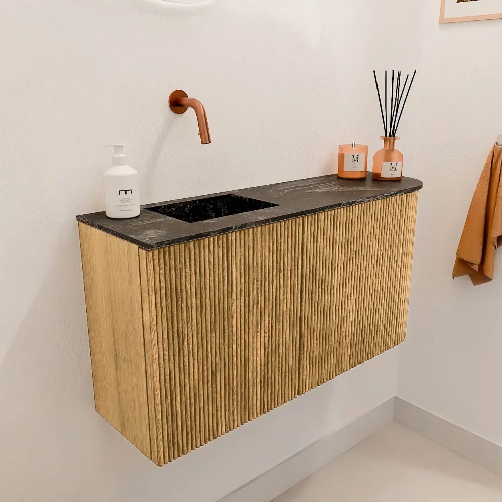 Mondiaz Joya DLux 80cm toiletmeubel ronding rechts oak met wastafel faye links zonder kraangat lava