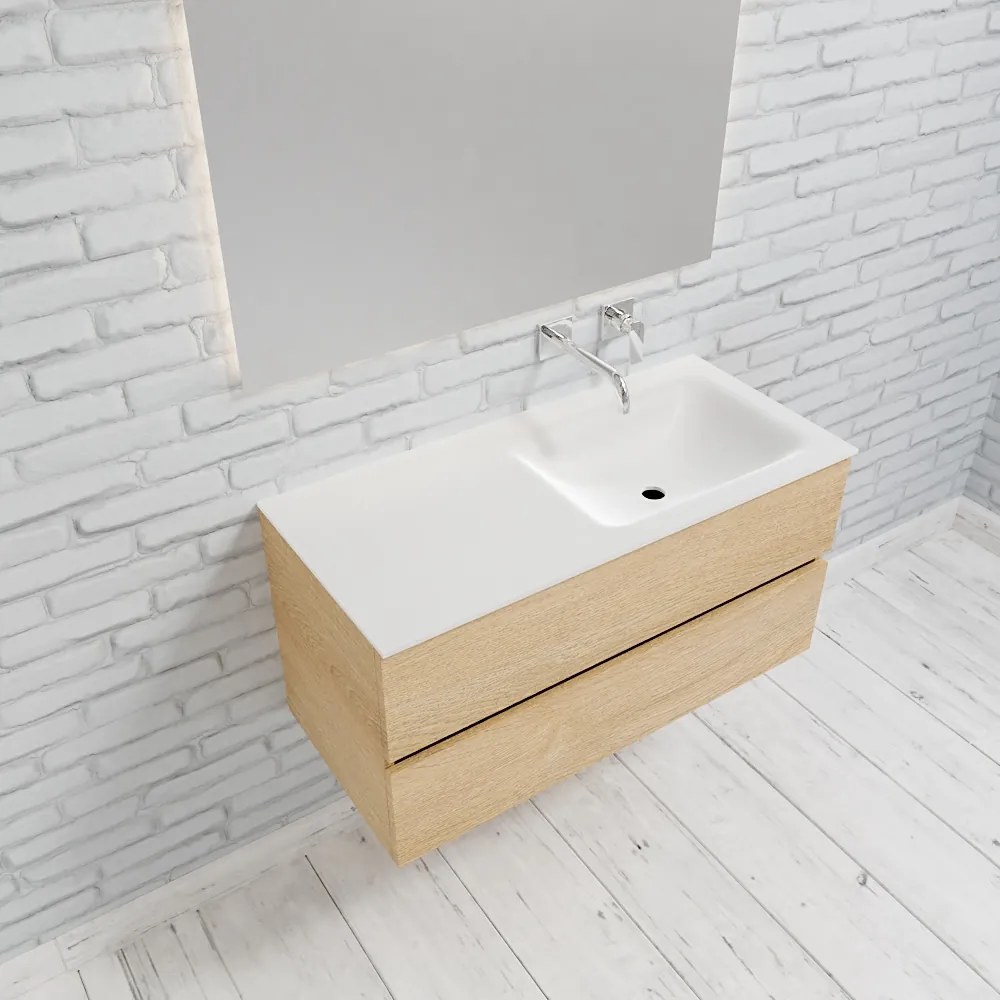 Zaro Valencia Solid Surface badmeubel 100cm licht eiken zonder kraangat spoelbak rechts met 2 lades