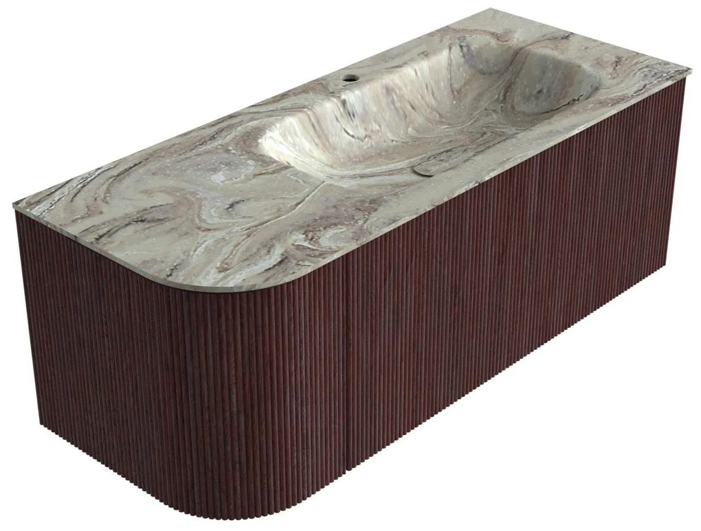 Mondiaz Kurve-dlux 115cm badmeubel ronding links ruby met 1 lade en deur en wastafel big small kraangat rechts glace
