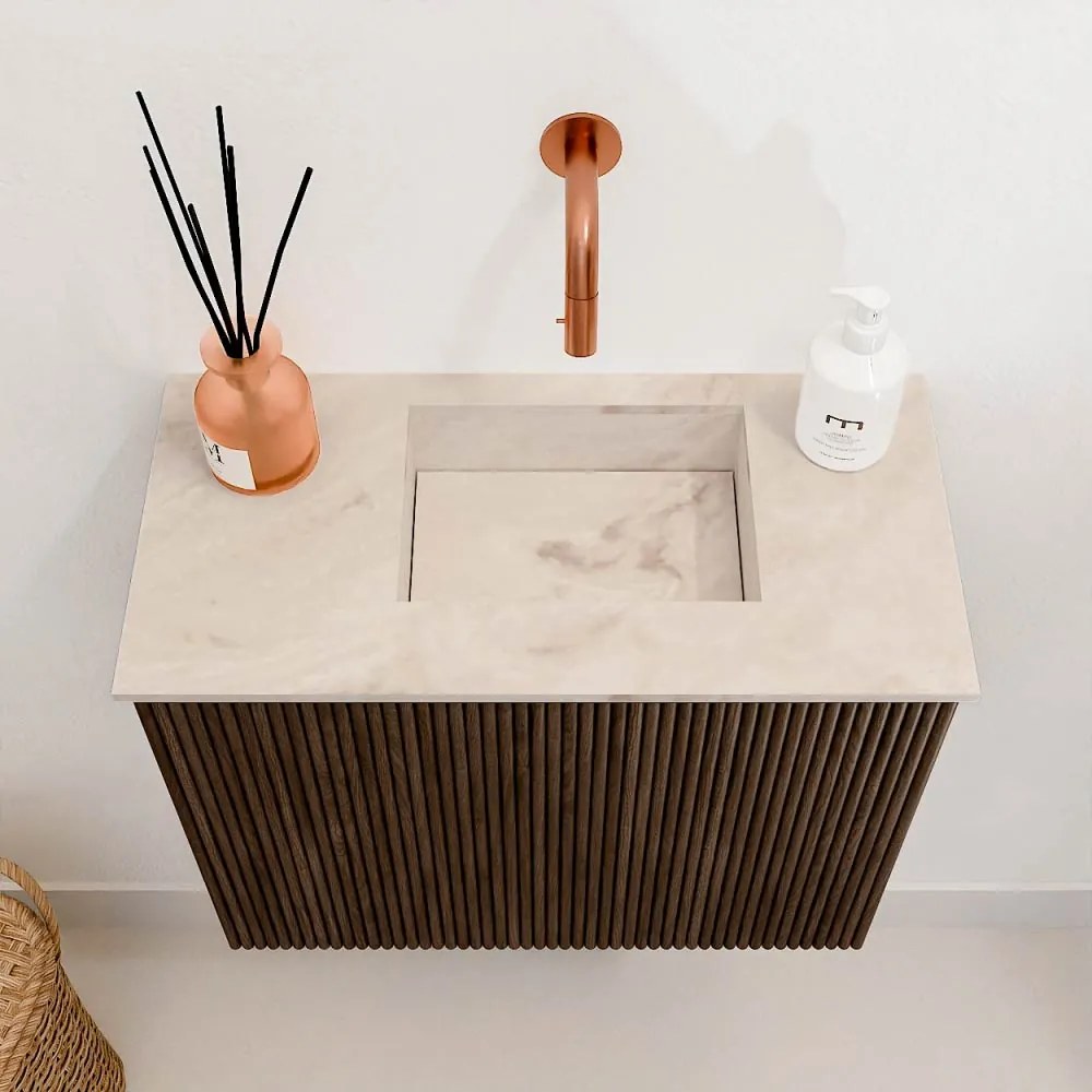 Mondiaz Joya DLux 50cm toiletmeubel walnut met wastafel faye rechts zonder kraangat frappe
