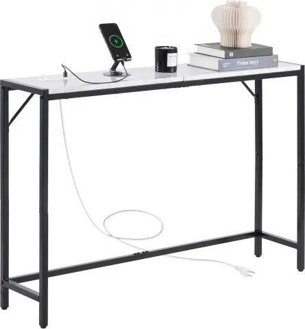 VEVOR Marmeren consoletafel, moderne lange haltafel (110 cm) met stopcontact, dunne bijzettafel met ijzeren buizen, anti-kantel- en driehoekige steun voor woonkamer, hal en entree