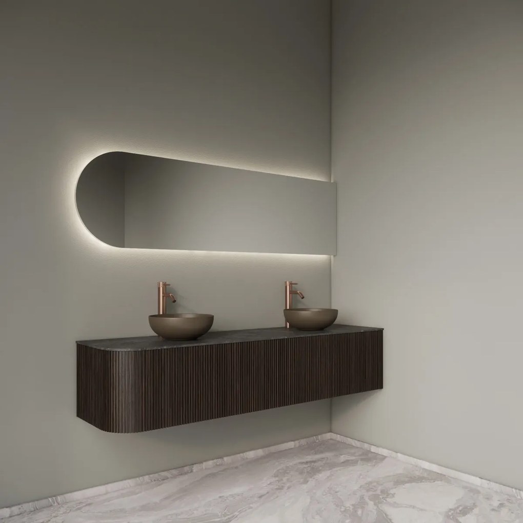 Gliss Design Alluro badmeubel ribbelfront met ronding links 180cm ebony en zwart leisteen toppaneel