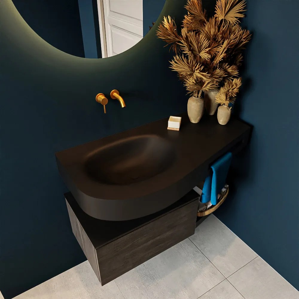 Mondiaz Riva badmeubel 100cm Dark Brown met 1 lade en wastafel links 0 kraangaten Urban