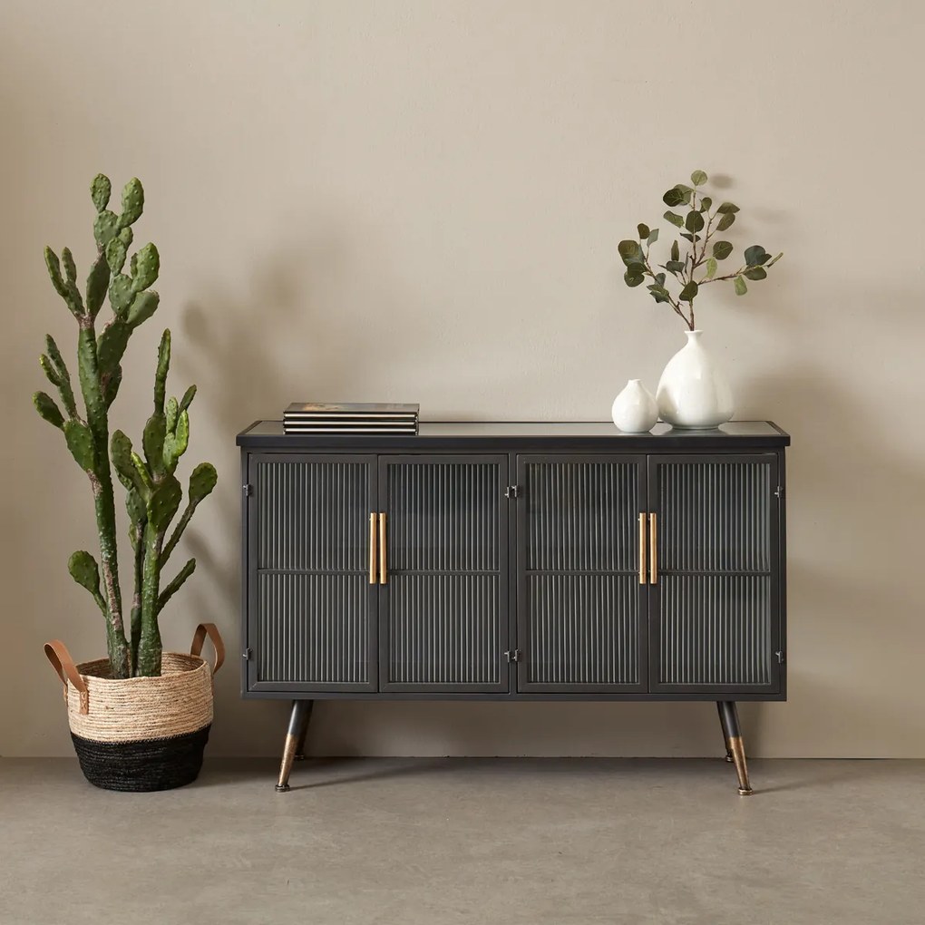 Dressoir Zwart Met Ribbelglas - 120x35x75cm.