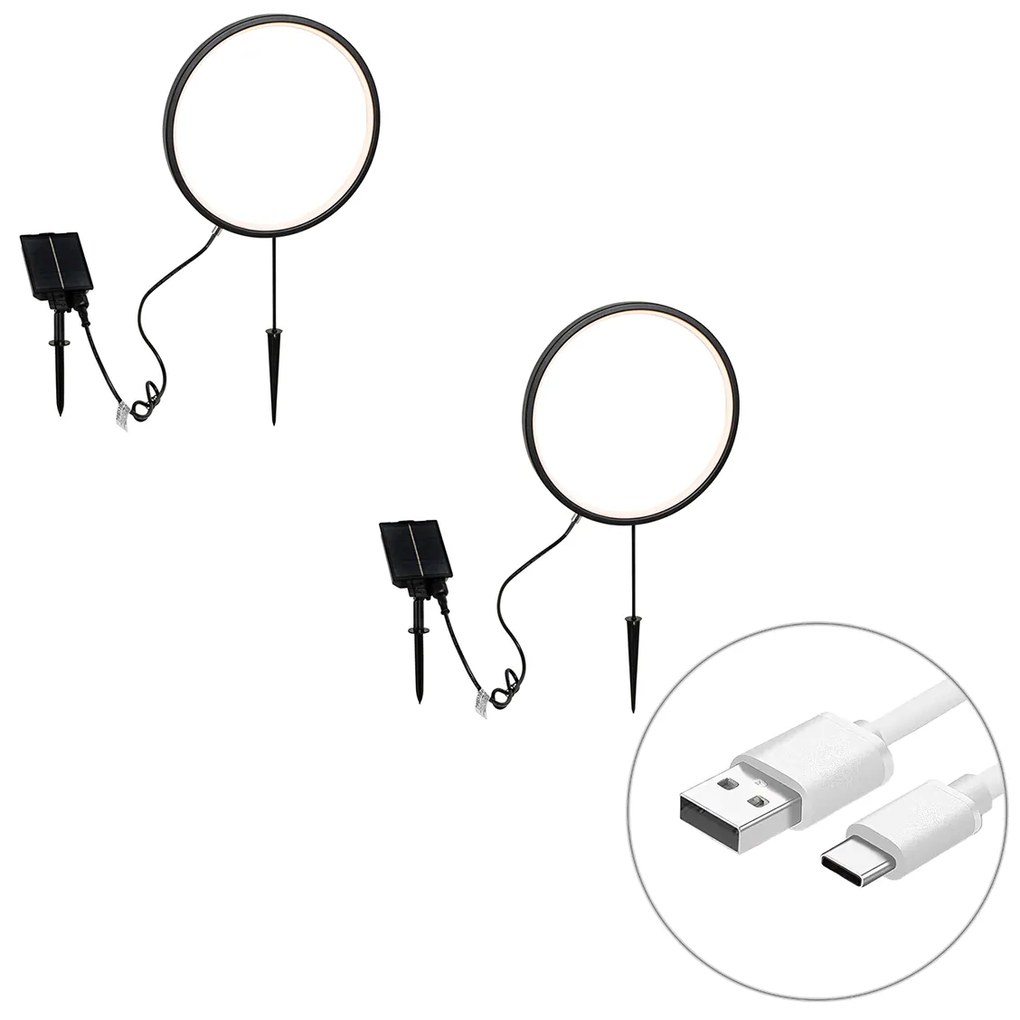 Set van 2 prikspots zwart 60cm incl. LED oplaadbaar en solar IP65 - Adalind