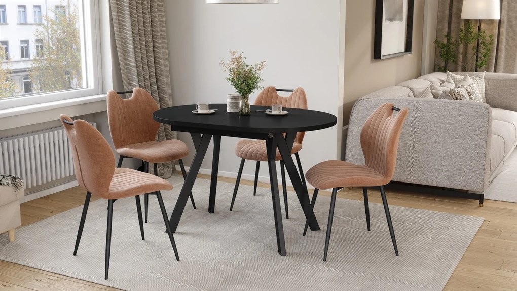 Mazzoni ALMO Zwart mat / zwarte poten - OVALE UITSCHUIFTAFEL 120-220 cm VOOR 10-12 PERSONEN