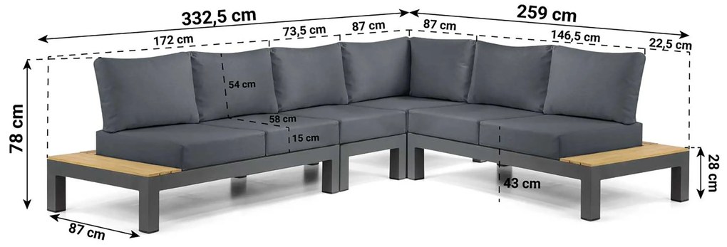 Loungeset 6 personen Aluminium/Teak Grijs Lifestyle Garden Furniture Vittoria