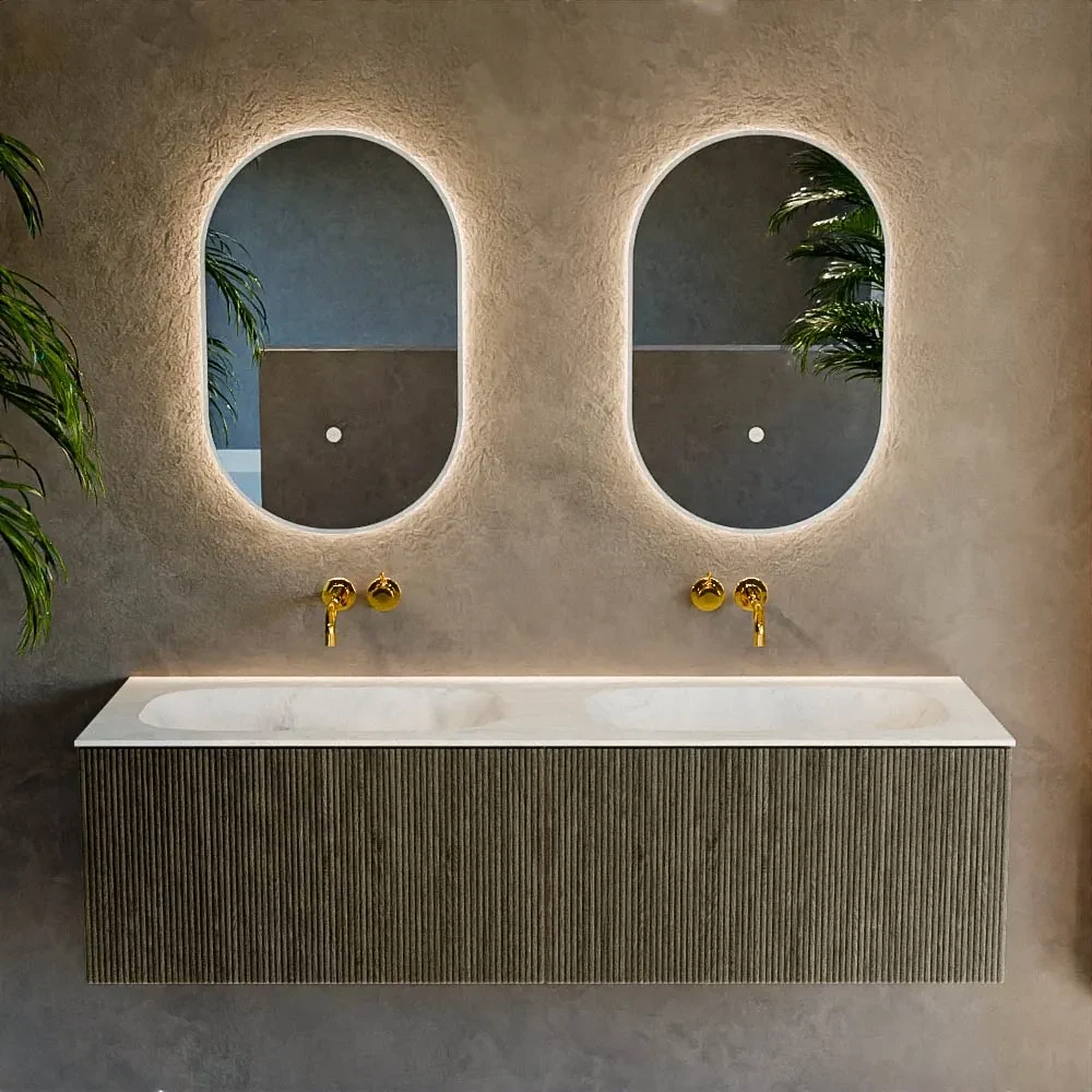 Mondiaz Kurve-dlux 150cm badmeubel shadow met 2 lades en wastafel stor small dubbel zonder kraangat opalo