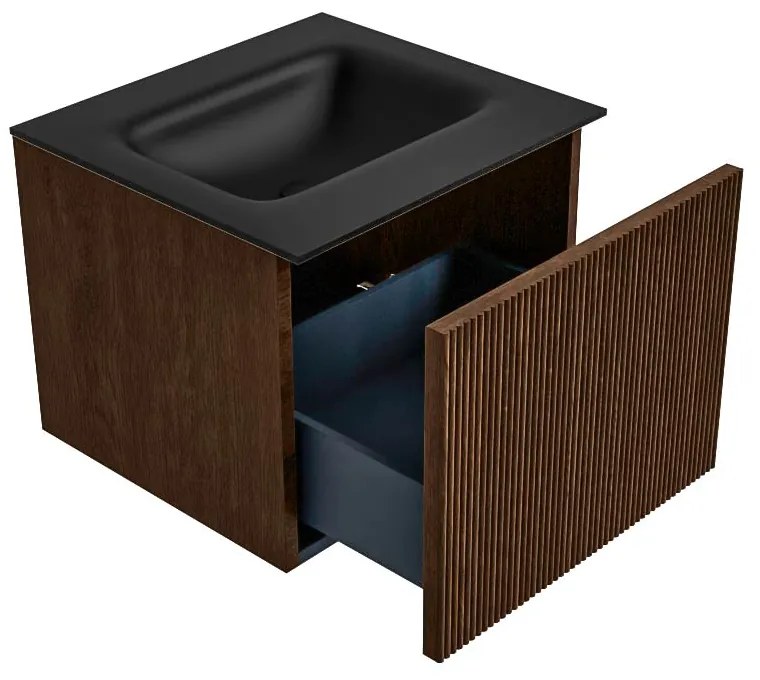 Mondiaz Kurve 50cm badmeubel walnut met 1 lade en wastafel grunne midden 1 kraangat urban