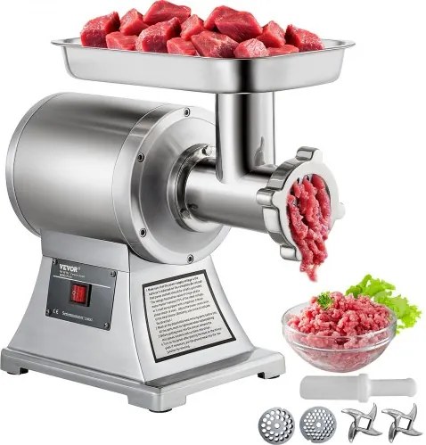 VEVOR Vleesmolen 448 x 210 x 387 mm Gehaktmolen 1100 W Multifunctionele Keukenmachine Vlees van Roestvrij Staal met 193 r/min Snelheid, Complete Accessoires, voor Restaurants Supermarkten Slagerijen