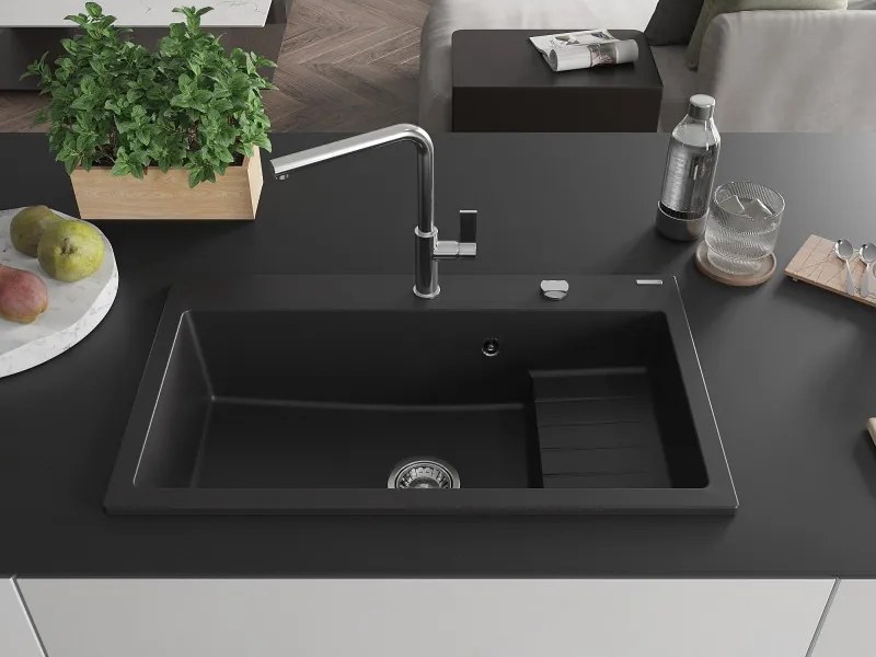 Mexen Omar granieten gootsteen 1-komorig 800 x 480 mm, zwart, chroom sifon - 6520801005-77