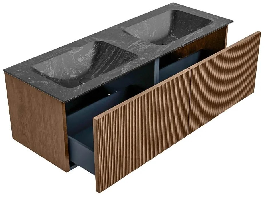 Mondiaz Kurve-dlux 130cm badmeubel walnut met 2 lades en wastafel leaf dubbel 2 kraangaten lava