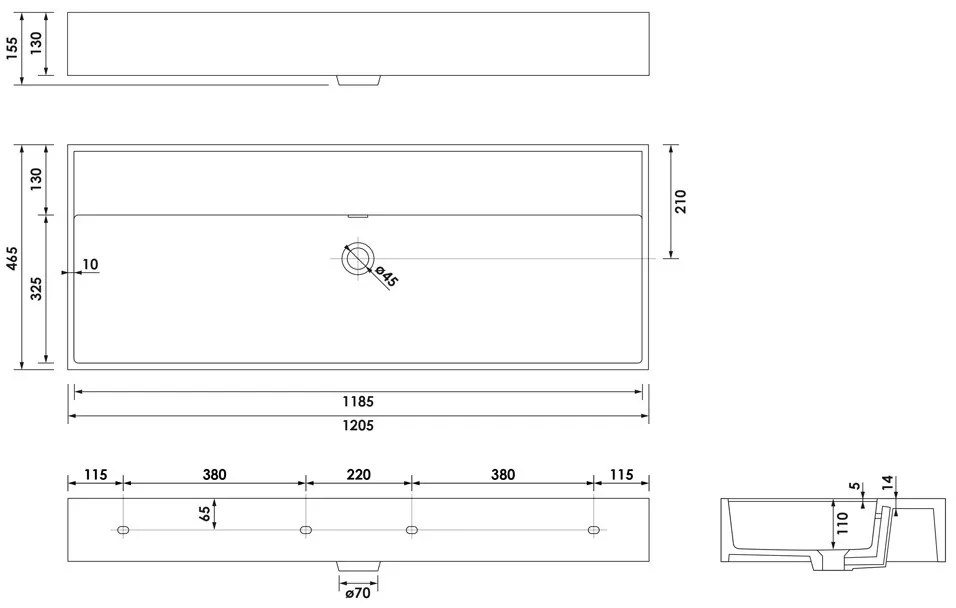 Brauer Lunar wastafel keramiek 120cm met 1 kraangat zwart mat