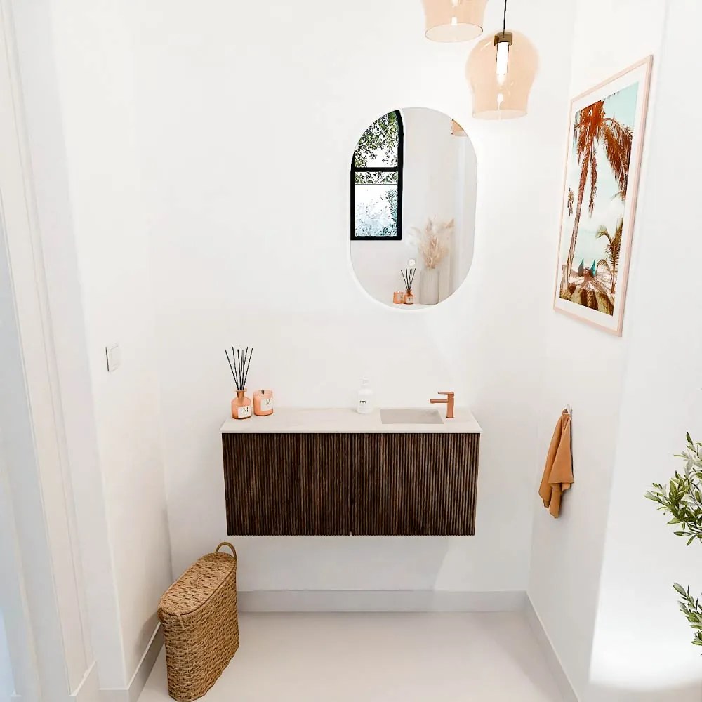 Mondiaz Joya DLux 90cm toiletmeubel walnut met wastafel faye rechts 1 kraangat meli
