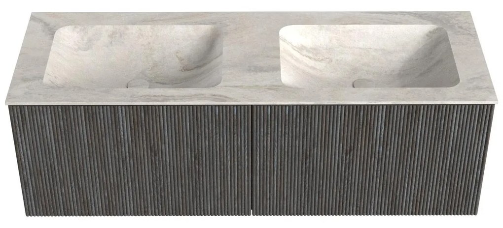 Mondiaz Kurve-dlux 130cm badmeubel shadow met 2 lades en wastafel leaf dubbel zonder kraangat ostra
