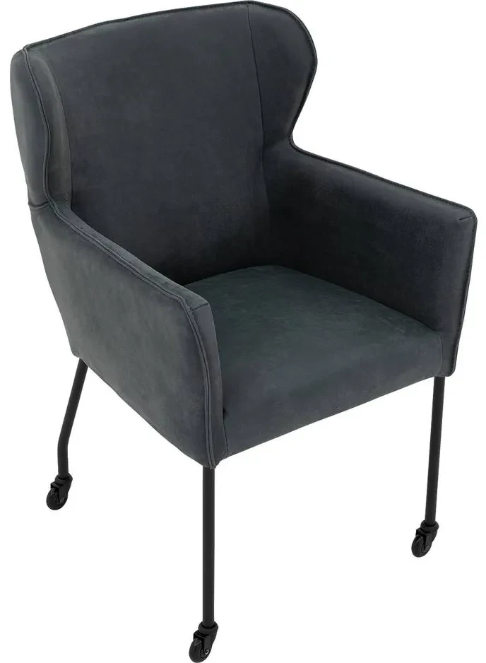 Goossens Excellent Eetkamerstoel Leogang blauw leer met armleuning en met wielenZwart skater wiel met zwarte kap, elegant chic