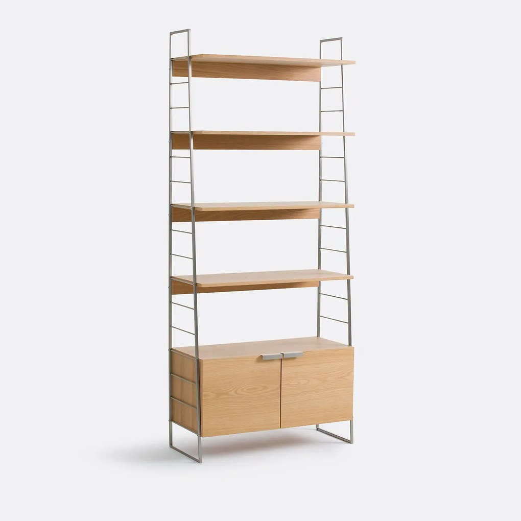 Boekenkast in eiken, fineer en verchroomd staal, hoogte 190 cm, WATFORD