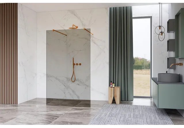 Fortifura Galeria Vrijstaande Inloopdouche - 110x200cm - Rookglas - antikalk - 8mm veiligheidsglas - wandsteunen - Geborsteld koper PVD (Koper) SW927772 2x/SW915252