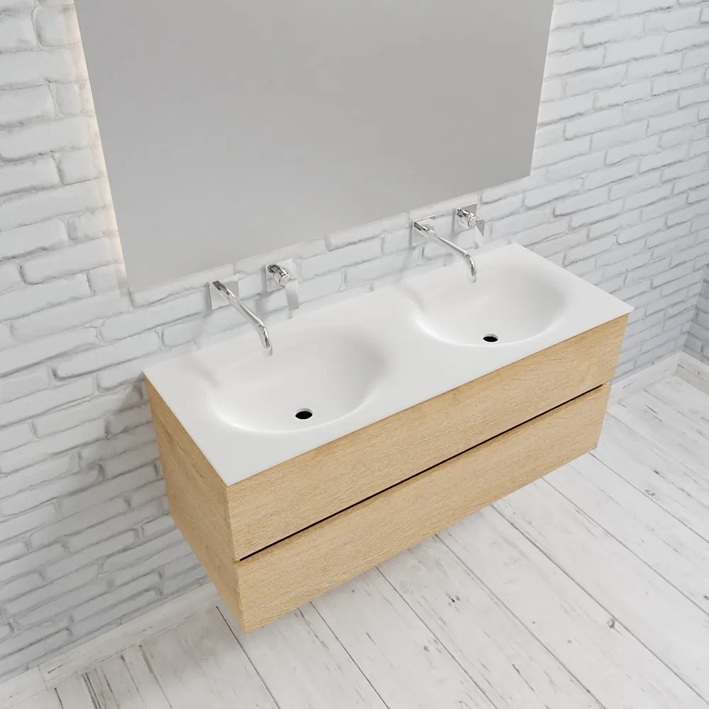 Zaro Sevilla Solid Surface badmeubel 120cm licht eiken zonder kraangat dubbele spoelbak met 2 lades