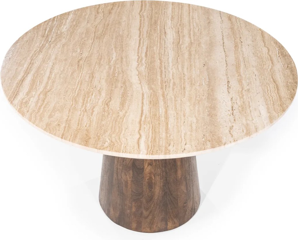 Ronde Eettafel Travertin En Mangohout - 130 X 130cm.