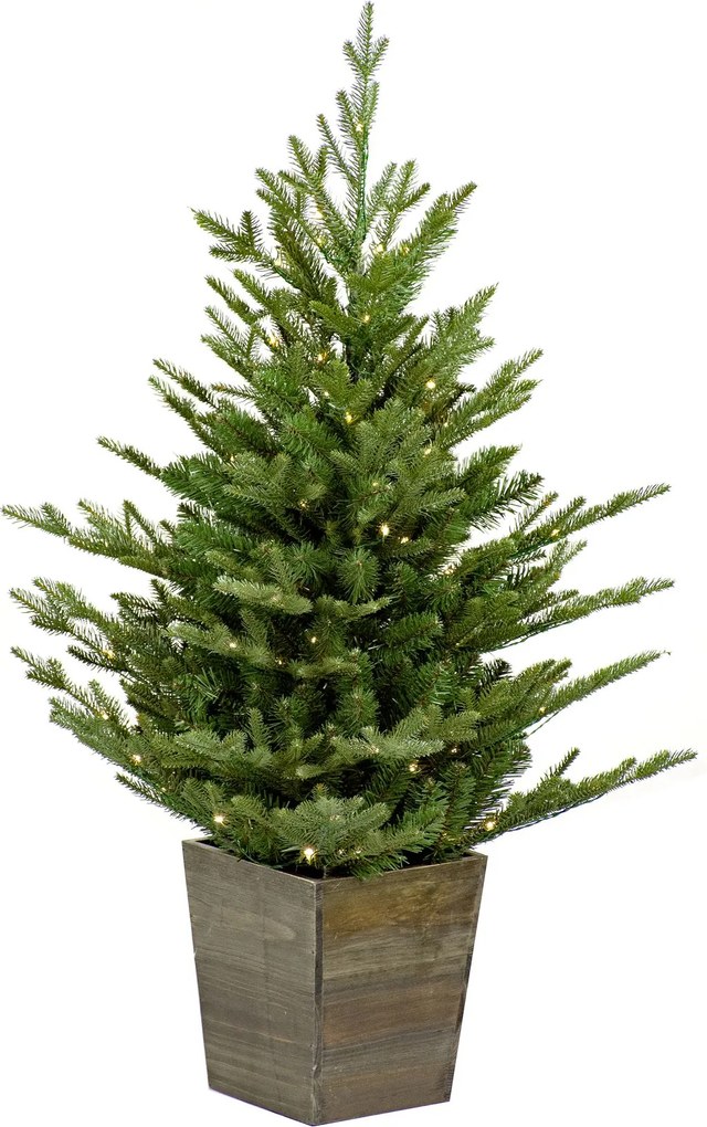 Nordmann kunstkerstboom - 91 cm - groen - Diameter 76 cm - 668 tips - 100 ledlampjes - houten pot