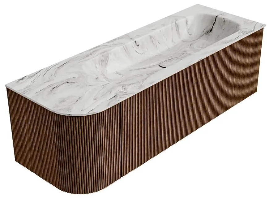 Mondiaz Kurve-dlux 135cm badmeubel ronding links walnut met 1 lade en deur en wastafel big medium kraangat rechts glace