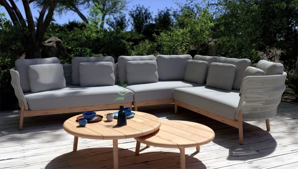 4 Seasons Outdoor Avalon hoekbank met 2 Ceylon tafels Loungeset houtkleur weerbestendig