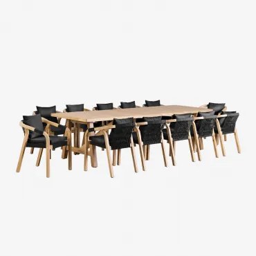 Rechthoekige Eettafelset 300x100 Cm Met 12 Acaciahouten Eetkamerstoelen Dubai Rustiek Acaciabruin & Stof Grijs – Grafiet - Sklum