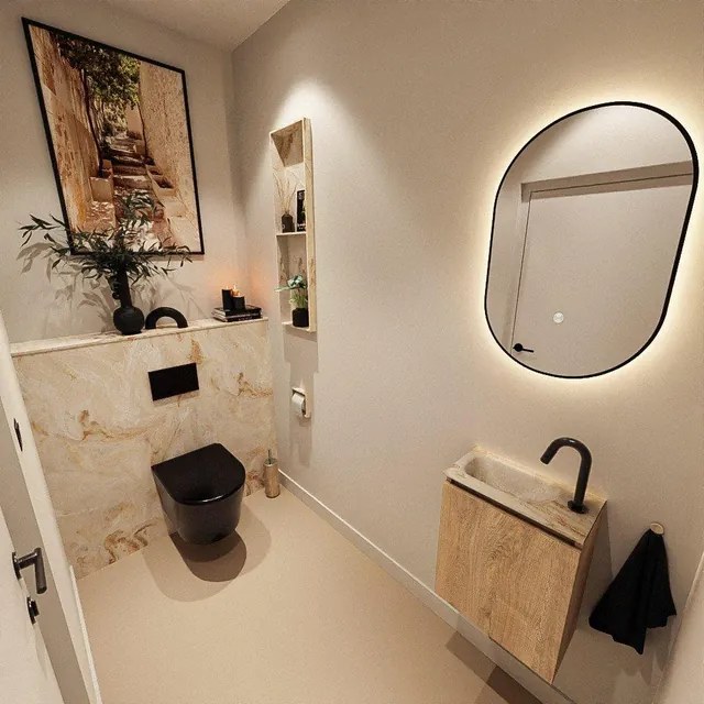 MONDIAZ TURE-DLUX 40cm toiletmeubel Washed Oak. EDEN wastafel Frappe positie links. Met 1 kraangat. TUREDX40WASL1FRA