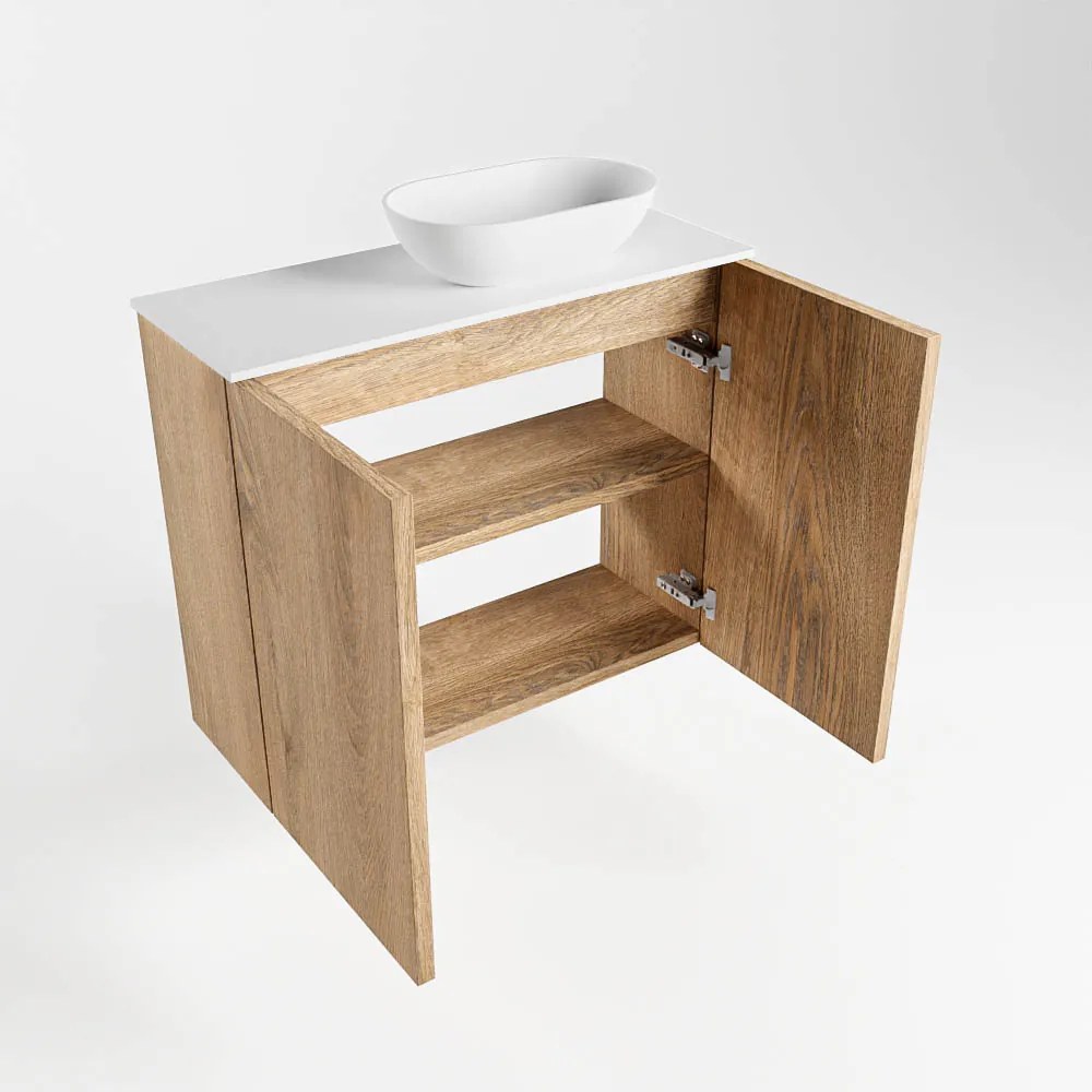 Mondiaz Fowy toiletmeubel 60cm washed oak met witte waskom rechts en kraangat