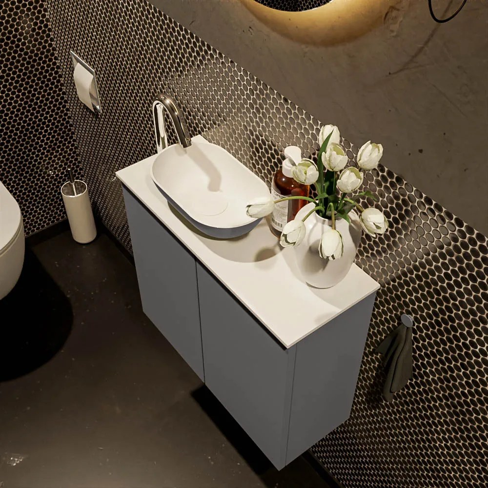 Mondiaz Fowy toiletmeubel 60cm dark grey met antraciete waskom links en kraangat