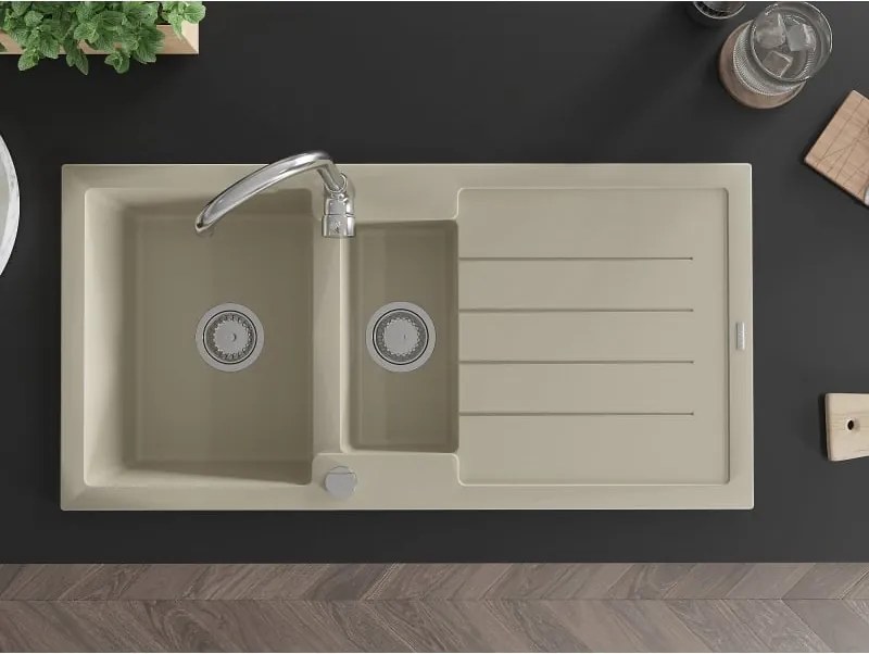 Mexen Andres granitische spoelbak 1,5-komoren met afdruiprek 1000 x 500 mm, beige, chroom sifon - 6515101510-69