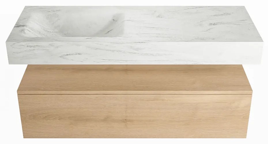 Mondiaz Alan DLux badmeubel 120cm washed oak 1 lade met wastafel opalo links 1 kraangat