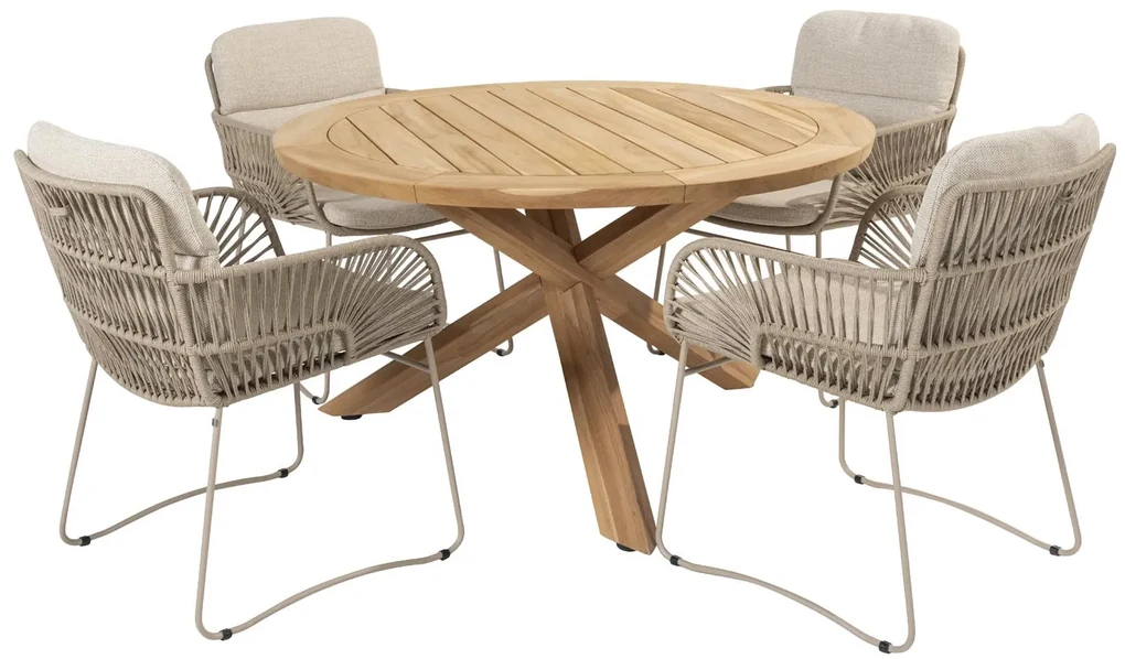 4 Seasons Outdoor Murcia tuinset latte met teak Prado tafel Ø 130 cm Tuinset beige weerbestendig