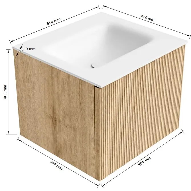 Mondiaz Kurve 50cm badmeubel shadow met 1 lade en wastafel grunne midden zonder kraangat