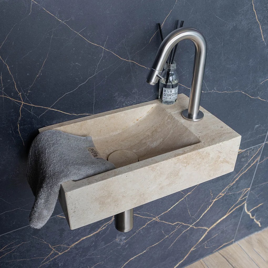 Saniclear White Travertin fonteinset met gebogen kraan in RVS