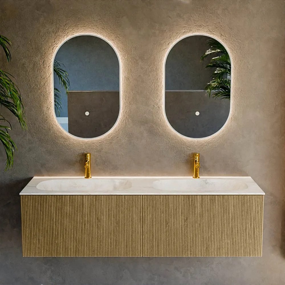 Mondiaz Kurve-dlux 150cm badmeubel dusk met 2 lades en wastafel stor small dubbel 2 kraangaten ostra