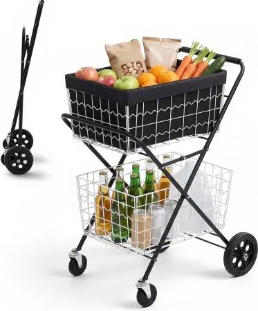 VEVOR 2-laags boodschappenwagen, opvouwbaar, draagvermogen 40 kg, stalen frame, inhoud 64 liter, met 2 uitneembare manden en 4 wielen, 2-in-1 transportwagen voor huishouden, supermarkt en magazijn.