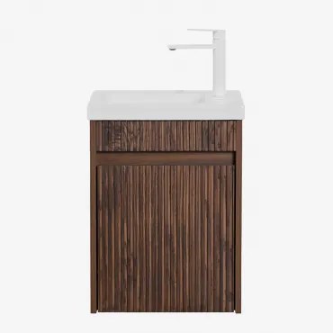 Narek Zwevend Houten Badkamermeubelset Met Geïntegreerde Wastafel Donker Hout & Spiegelloze & Wit ↑20 Cm Met Aftapkraan Zonder - Sklum