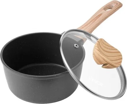 VEVOR antiaanbakpan 1,42L met gehard glazen deksel, soeppan, groentepan met afneembare handgreep, melkpan van aluminiumlegering, groentepan, zwart