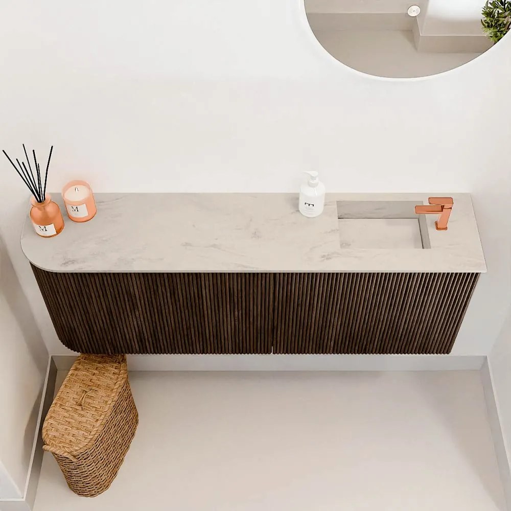 Mondiaz Joya DLux 110cm toiletmeubel ronding links walnut met wastafel faye rechts 1 kraangat opalo