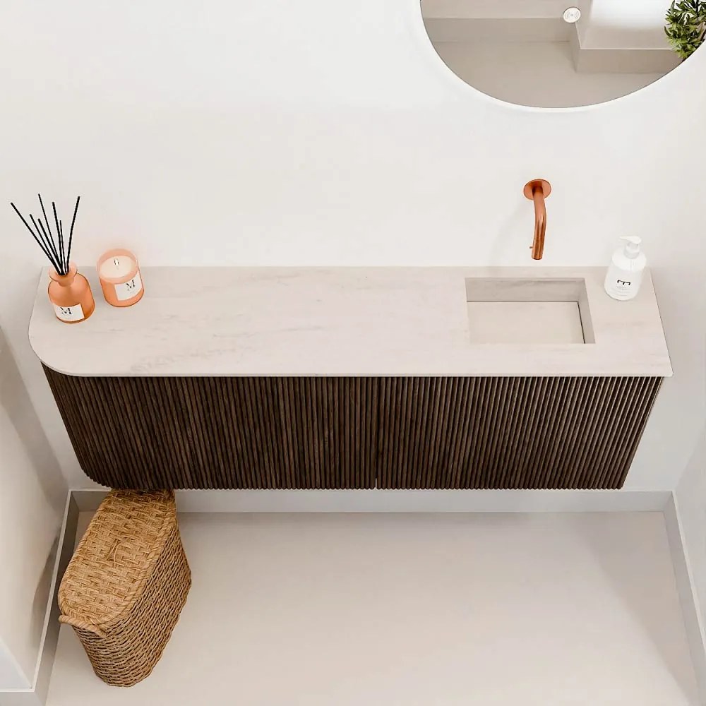 Mondiaz Joya DLux 110cm toiletmeubel ronding links walnut met wastafel faye rechts zonder kraangat meli