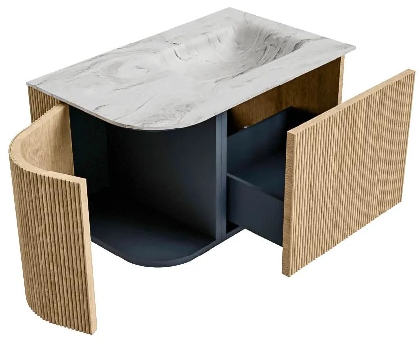 Mondiaz Kurve-dlux 75cm badmeubel ronding links oak met 1 lade en deur en wastafel grunne kraangat rechts glace