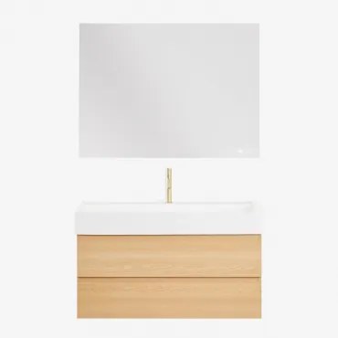 Ona Zwevend Badkamermeubelset Van Hout En Essenfineer Met Geïntegreerde Wastafel Natuurlijk Hout & Rectangular Led And Antifog 120x90 Cm Riben - Sklum