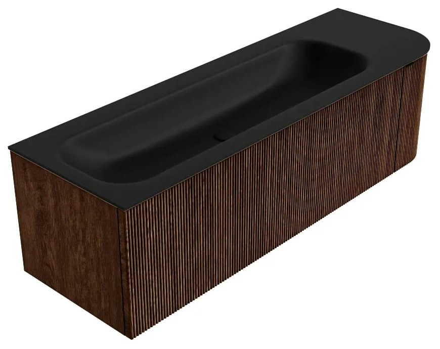 Mondiaz Kurve 145cm badmeubel ronding rechts walnut met 1 lade en deur en wastafel big large links 2 kraangaten urban