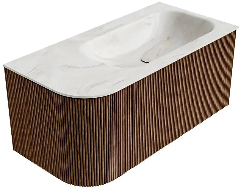 Mondiaz Kurve-dlux 95cm badmeubel ronding links walnut met 1 lade en deur en wastafel big small kraangat rechts ostra