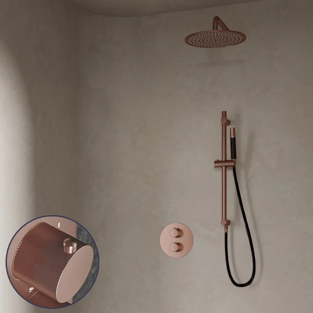 Saniclear Copper Stripes Pro inbouw regendouche rond met 20cm hoofddouche, muurarm en glijstang geborsteld koper