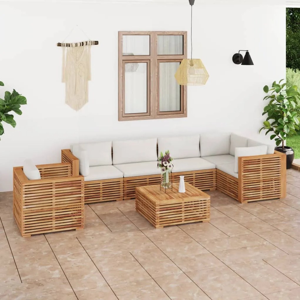 vidaXL 7-delige Loungeset met crèmekleurige kussens massief teakhout